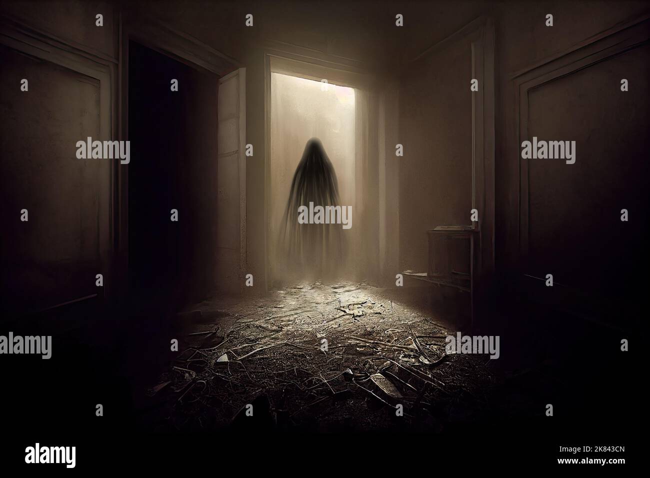  A ghostly figure with a dark veil over its face stands in front of a doorway in a dark room.