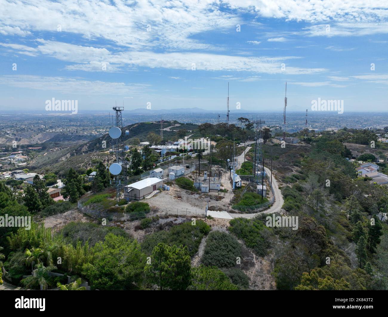 Aerial view of tower with 5G cellular network antenna