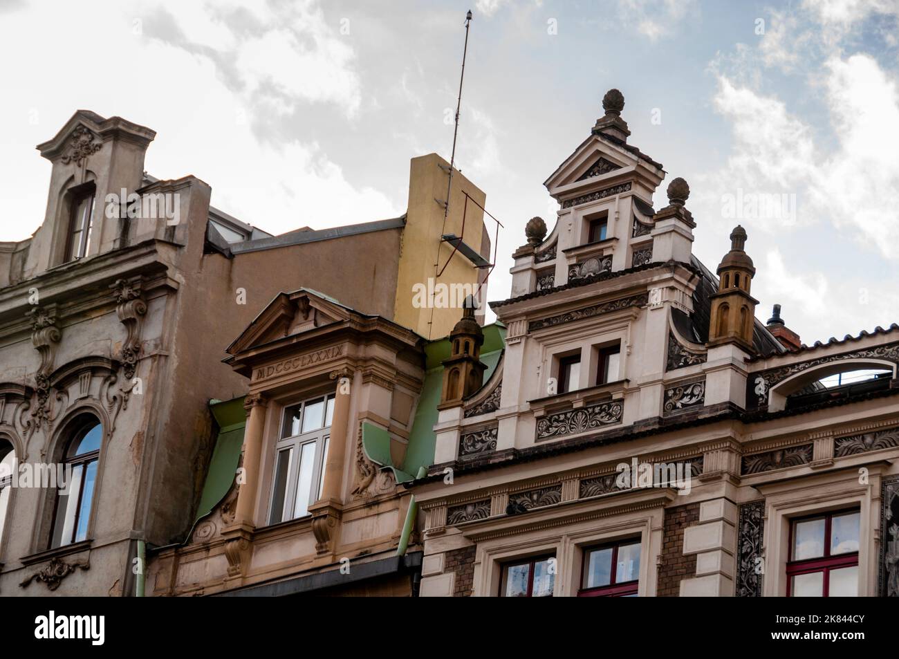 Renaissance sgraffito and triangle pediments in Prague, Czech Republic. Stock Photo