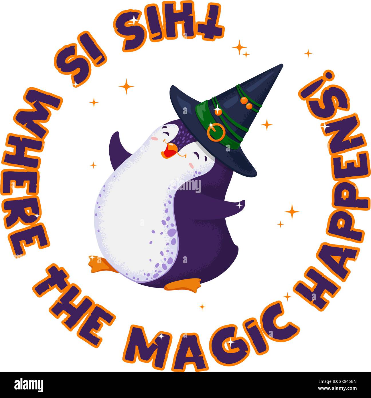 Halloween print with cute vector jumping penguin. This is where the