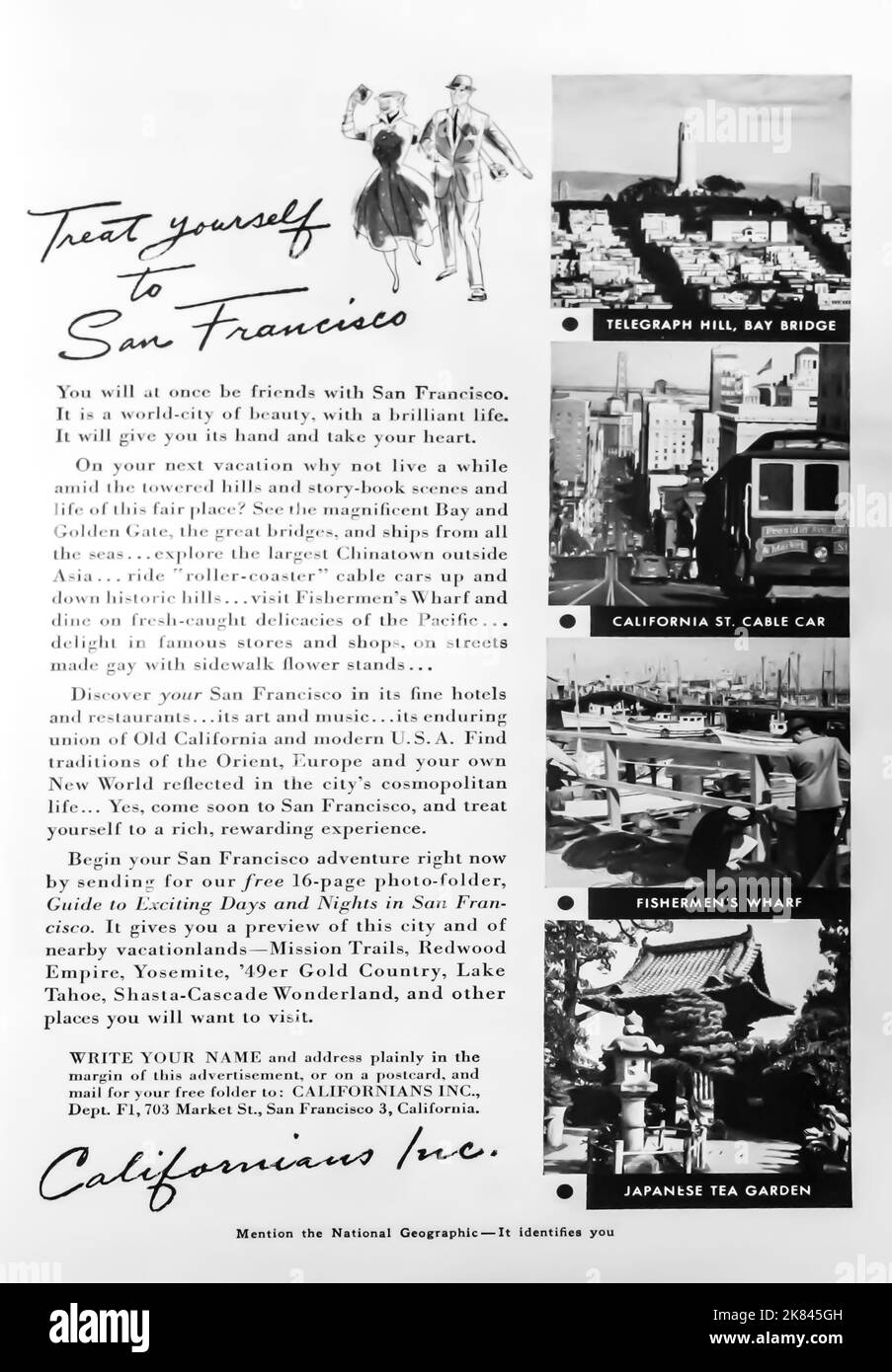 San Francisco travel - Californians Inc., vacation West Coast advert in a NatGeo magazine, 1954 Stock Photo
