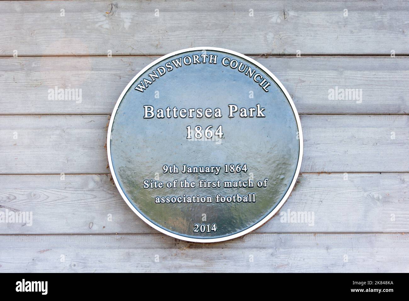 Historic football plaque on Cricket Pavilion, Battersea Park, Battersea, London Borough of Wandsworth, Greater London, England, United Kingdom Stock Photo
