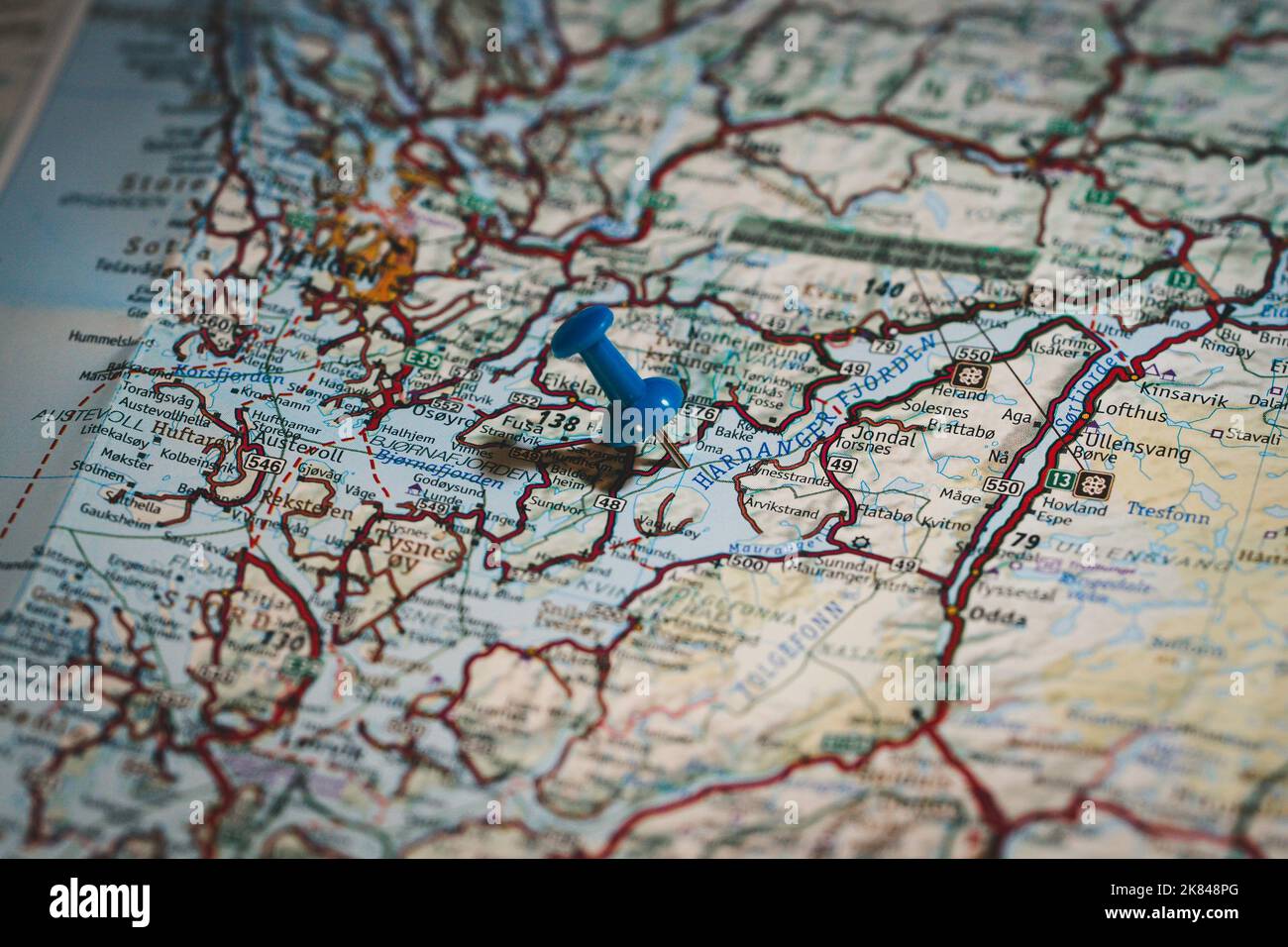 Hardangerfjord, Norway, blue pinhead on map Stock Photo