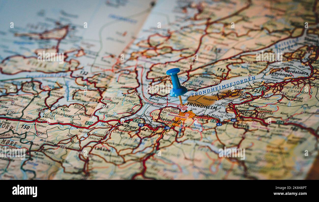 Trondheim, Norway, blue pinhead on map Stock Photo