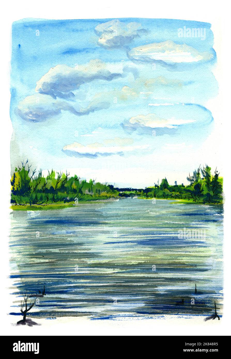 View of the summer lake, watercolor illustration.  Stock Photo