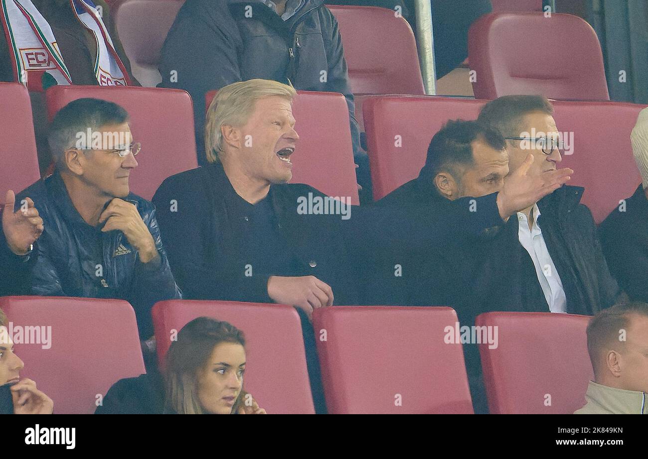 Herbert HAINER, FCB president and Ex CEO Adidas Oliver KAHN, FCB CEO, Vorstandsvorsitzender der FC Bayern München AG, Hasan ( Brazzo ) Salihamidzic, FCB Sport director  in the match DFB Cup second round FC AUGSBURG -  FC BAYERN MUENCHEN 2-5 DFB-Pokal, German Football Trophy on Oct 19, 2022 in Augsburg, Germany. Season 2022/2023, 2.Runde,  © Peter Schatz / Alamy Live News   DFB regulations prohibit any use of photographs as image sequences and/or quasi-video. Credit: Peter Schatz/Alamy Live News Stock Photo