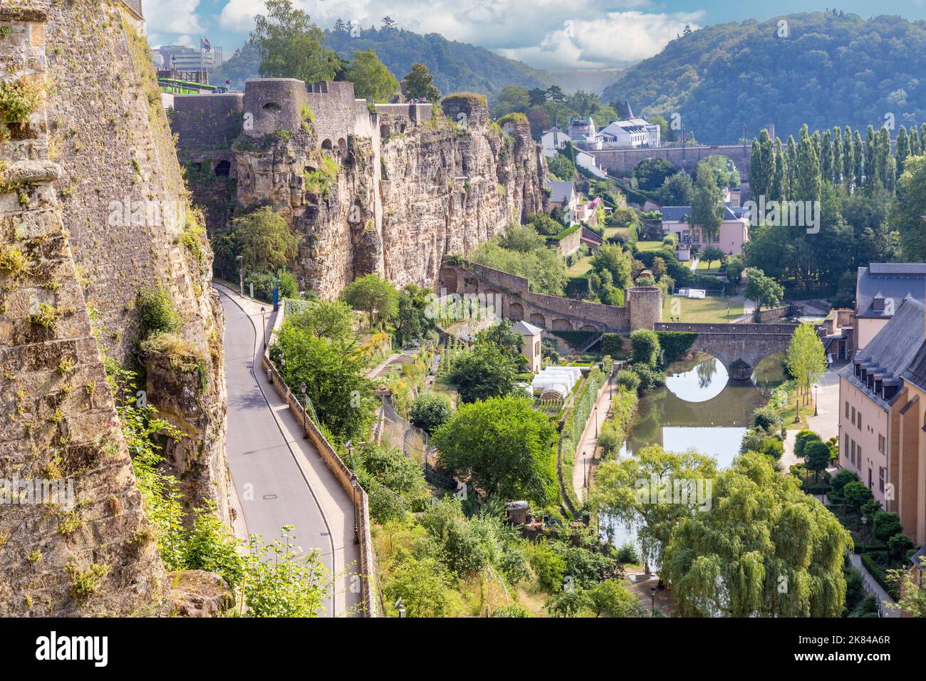 Luxembourg City, Luxembourg.  Looking down on the River Alzette from the City Fortifications. Stock Photo