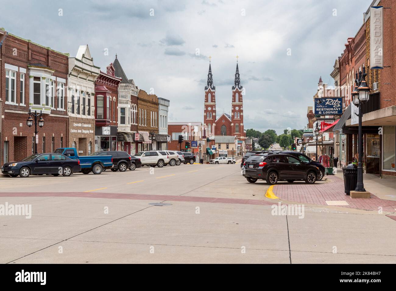Dyersville, Iowa.  Main Street.  St. Xavier Basilica in Background. Stock Photo