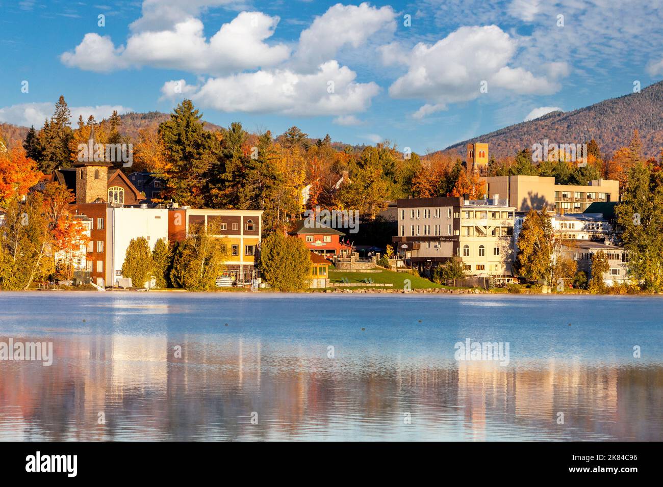Lake Placid, New York. Early Morning View across Mirror Lake Stock