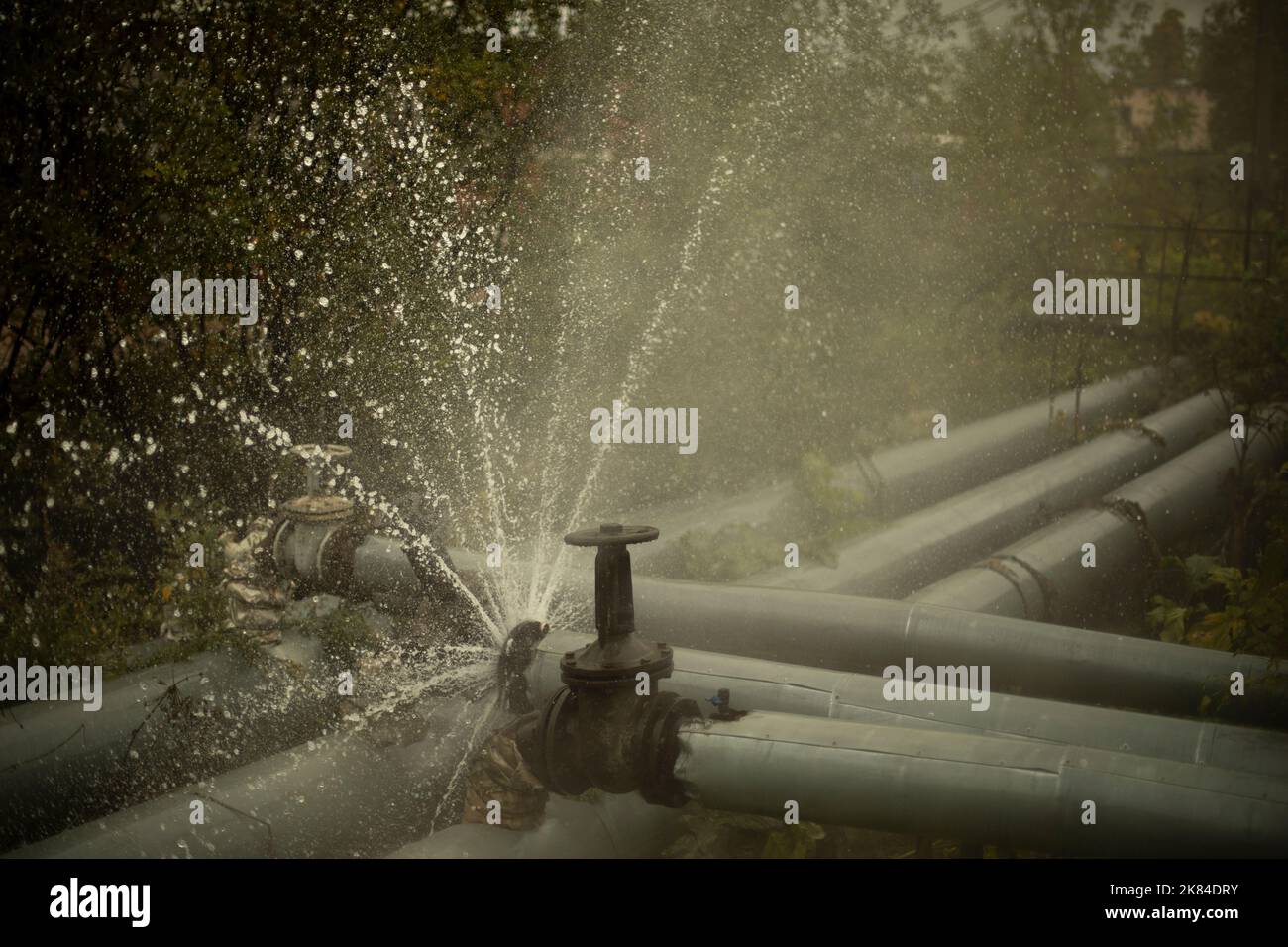 Burst pipe. Water pouring. Pipeline accident. It's dangerous situation