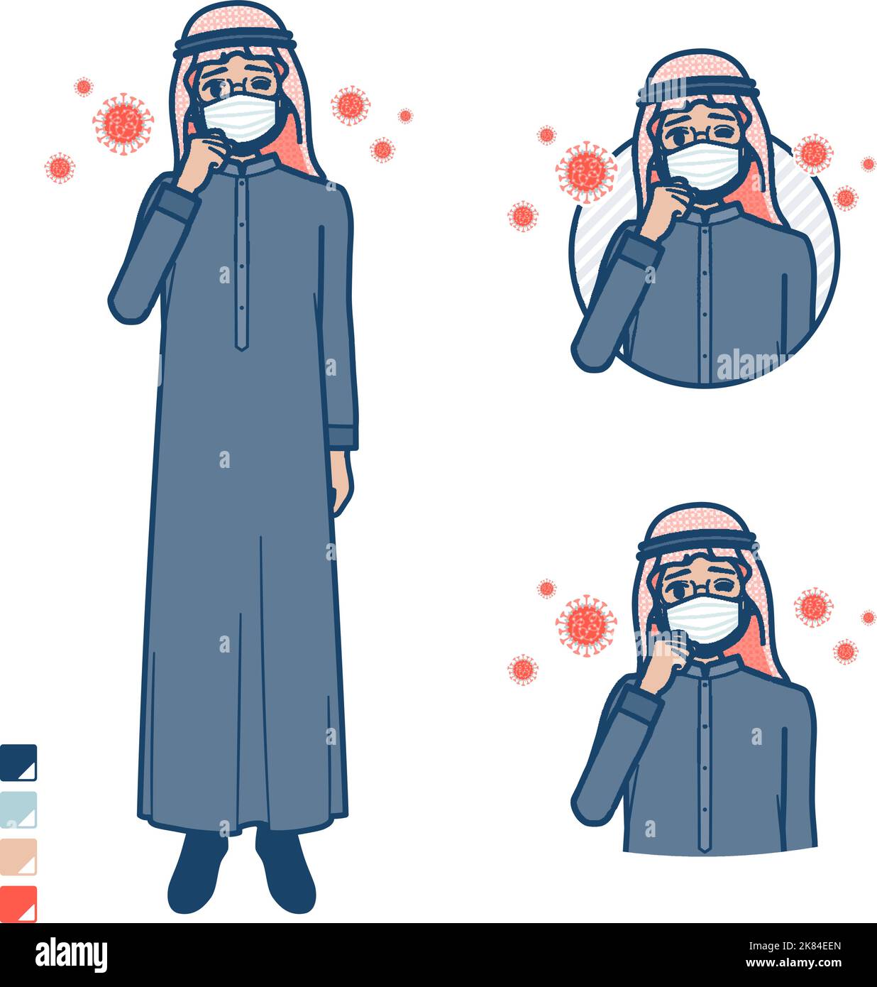 A arabian middle man in Black costume with Put on a mask and cough ...