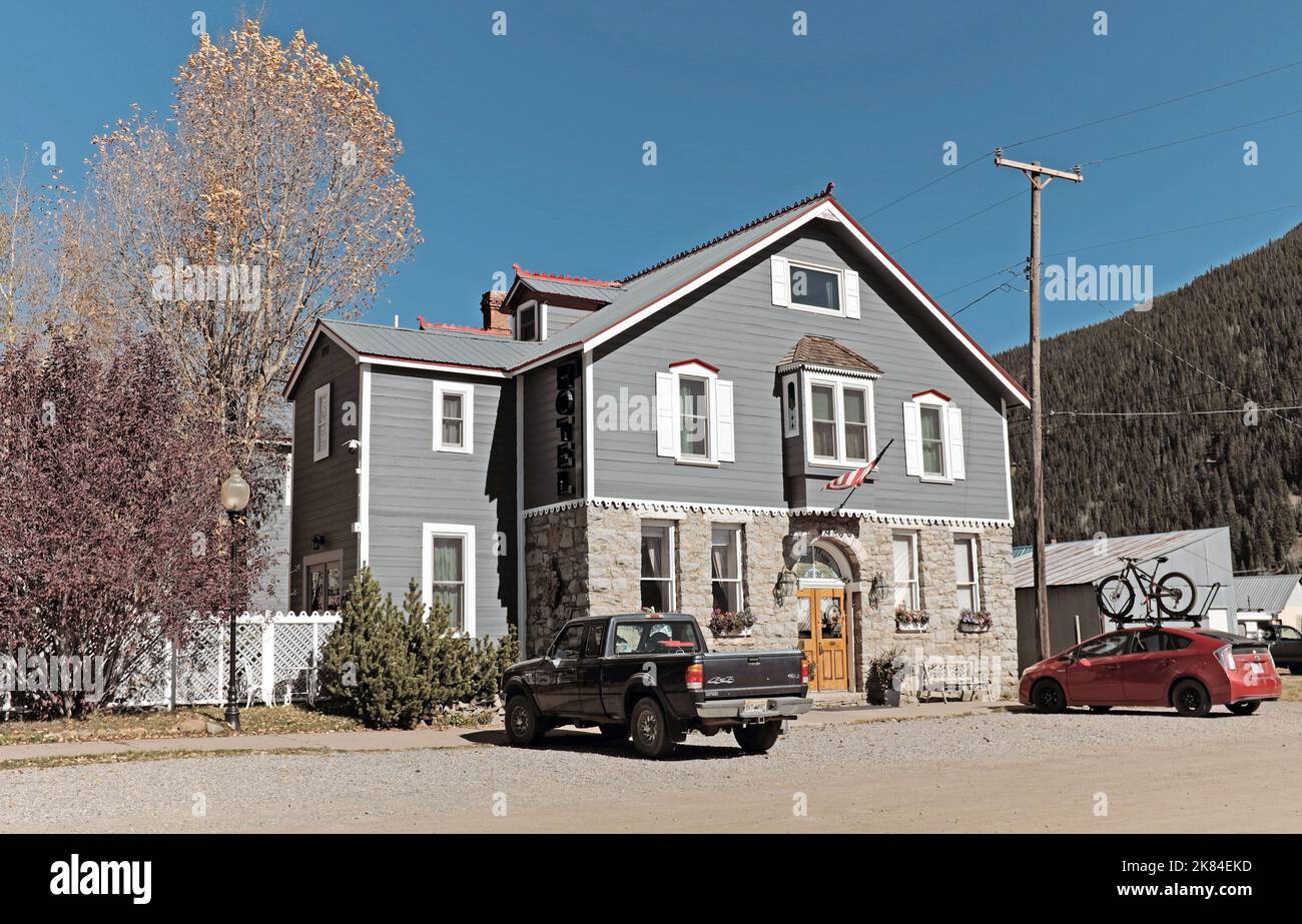 The exterior of the Alma House, built in 1898 and opened in 1902, is a historic hospitality inn on 10th and Blair Street in Silverton, Colorado, USA Stock Photo