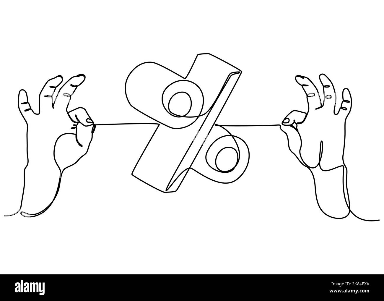 One continuous line of two hand holding a string with Percentage Sign word. Thin Line Illustration vector concept. Contour Drawing Creative ideas. Stock Vector
