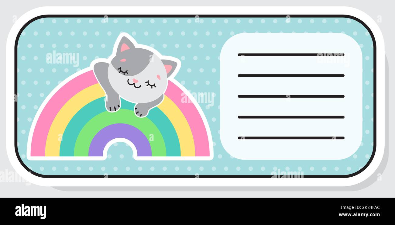 Notebook label. Cat and rainbow. Baby stickers. Vector illustration. Stock Vector