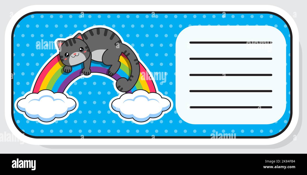 Notebook label. Cat and rainbow. Baby stickers. Vector illustration. Stock Vector
