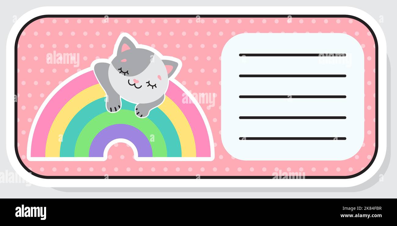 Notebook label. Cat and rainbow. Baby stickers. Vector illustration. Stock Vector