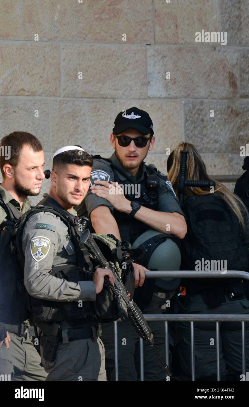 Israeli border police soldiers in a security checkpoint in the old city of Jerusalem. Stock Photo