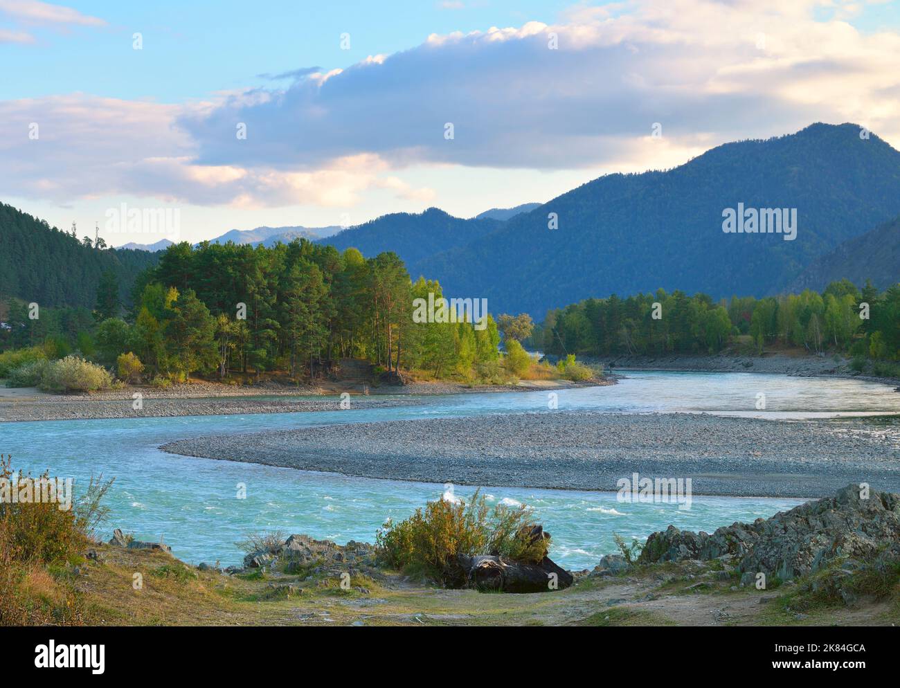 The Katun River in Altai. The rocky shore of a mountain river in autumn. Altai, Siberia, Russia, 2022 Stock Photo