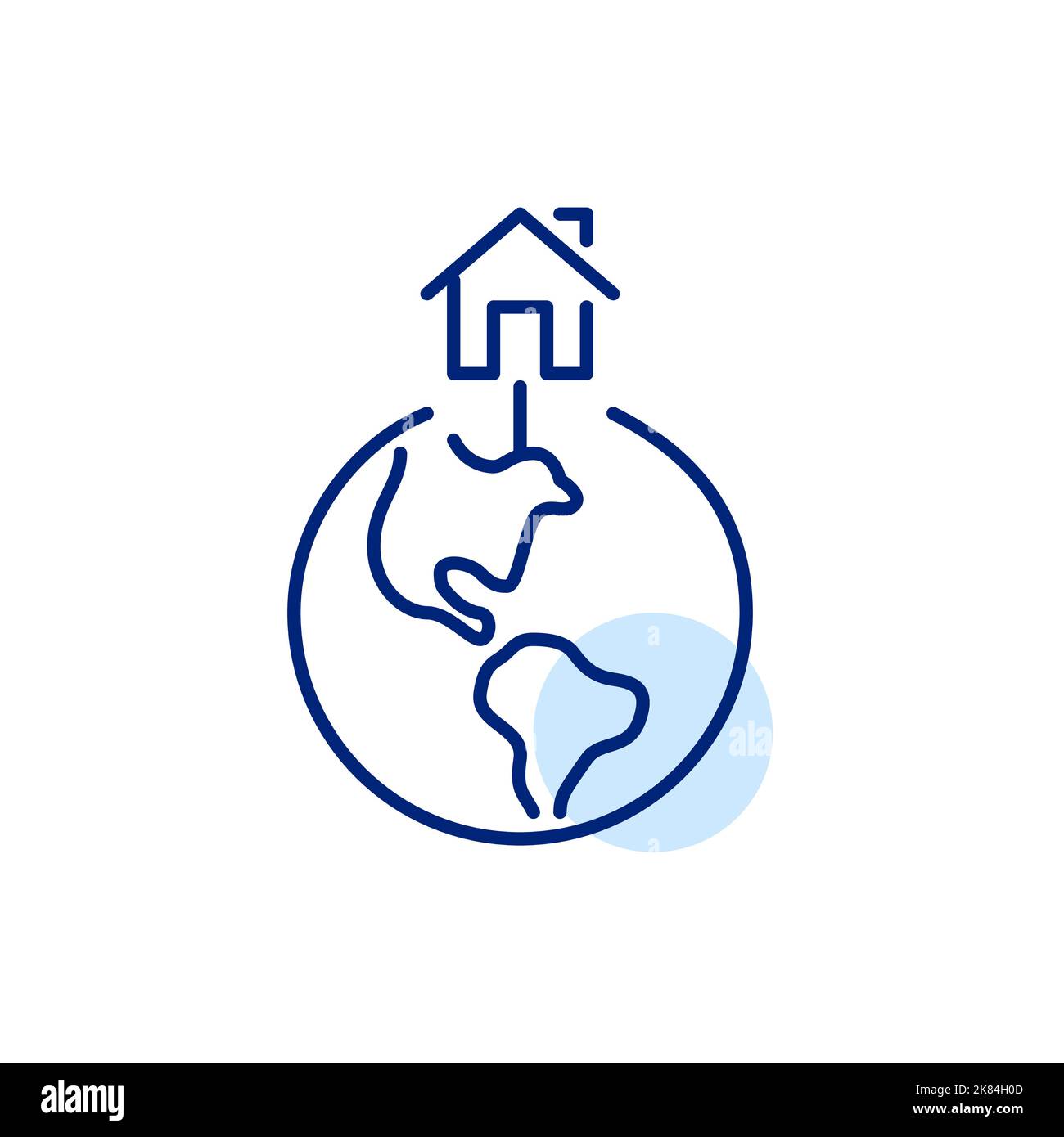 Home pointer on Earth globe. Pixel perfect, editable stroke line icon Stock Vector
