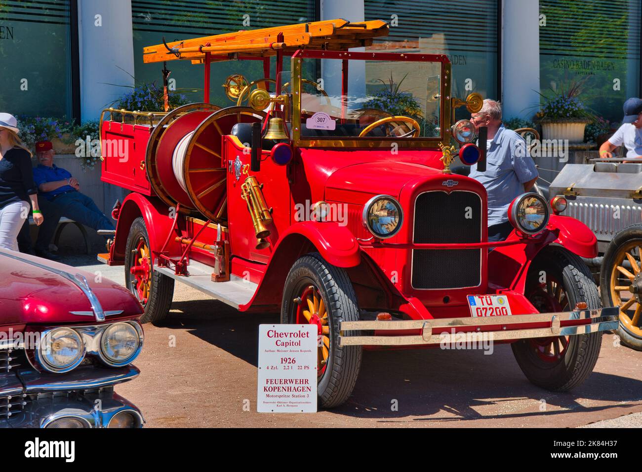 BADEN BADEN, GERMANY - JULY 2022: red 1927 Chevrolet Capitol Fire engine truck, oldtimer meeting in Kurpark. Stock Photo