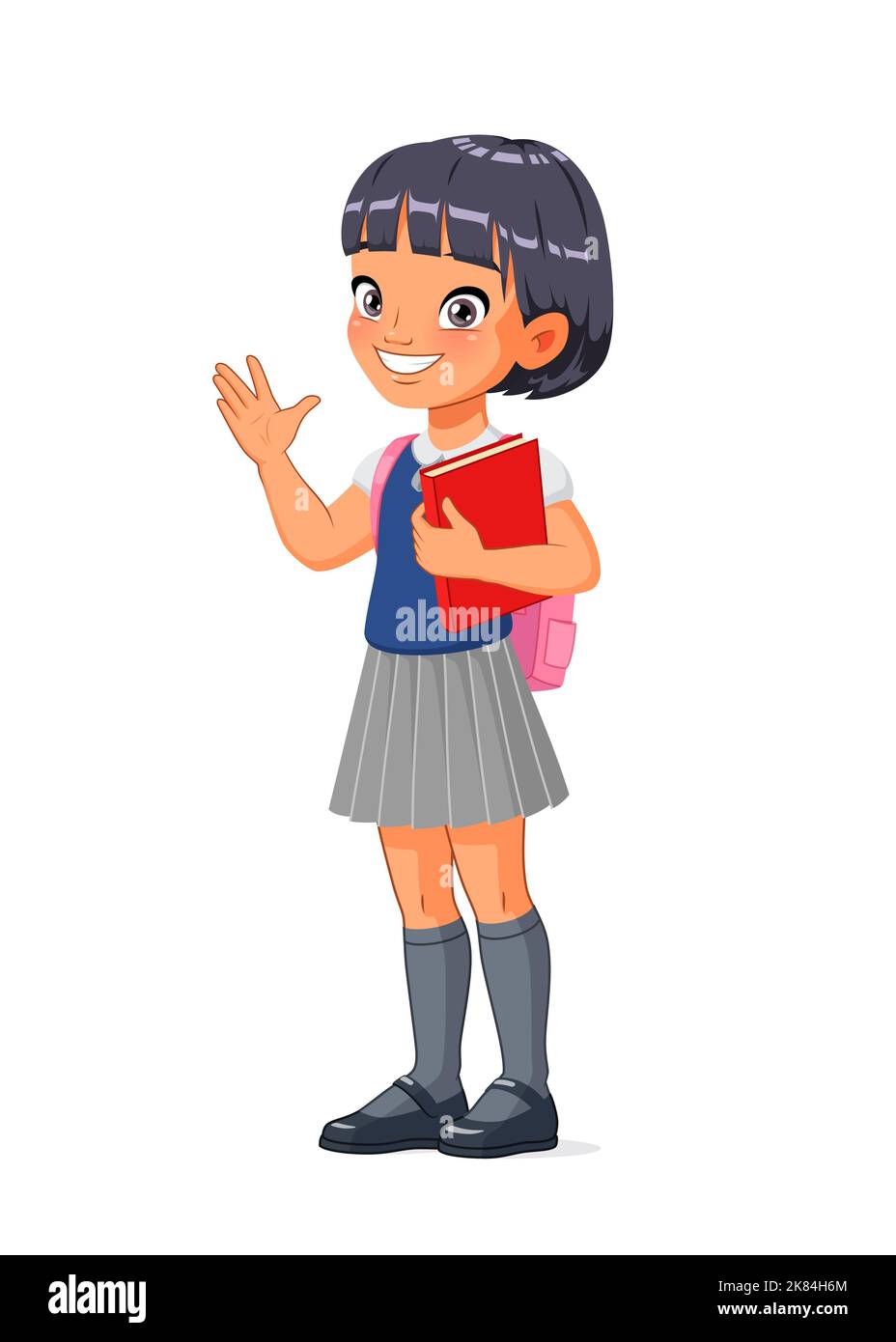 Asian school girl greeting. Cartoon vector illustration. Stock Vector
