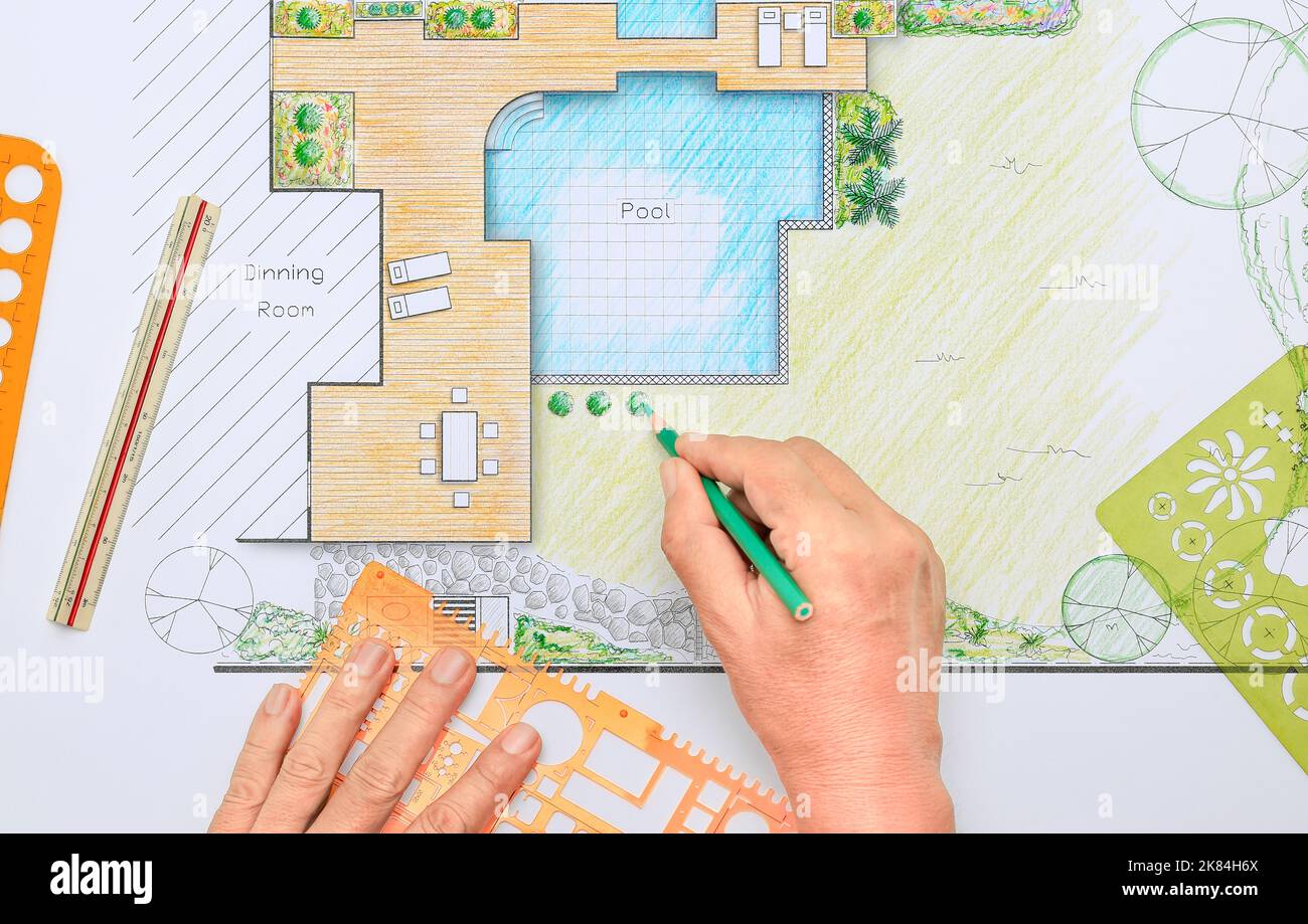 Backyard garden and pool design plan for villa. Stock Photo