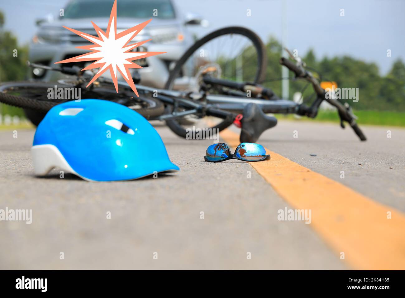 Accident car crash with bicycle on road Stock Photo