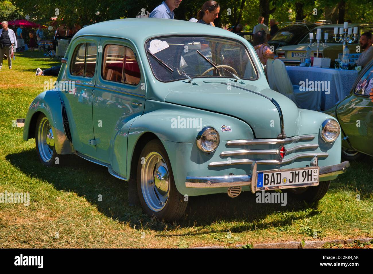 BADEN BADEN, GERMANY - JULY 2022: blue Renault 4CV 1960, classic car meeting in Kurpark. Stock Photo