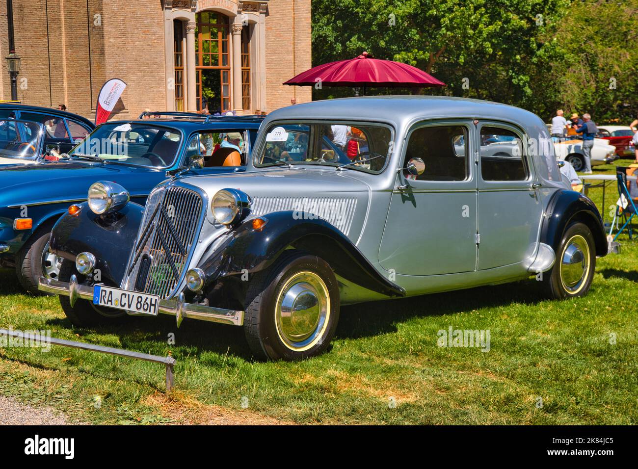 BADEN BADEN, GERMANY - JULY 2022: blue Citroen Traction Avant 1956, oldtimer meeting in Kurpark. Stock Photo
