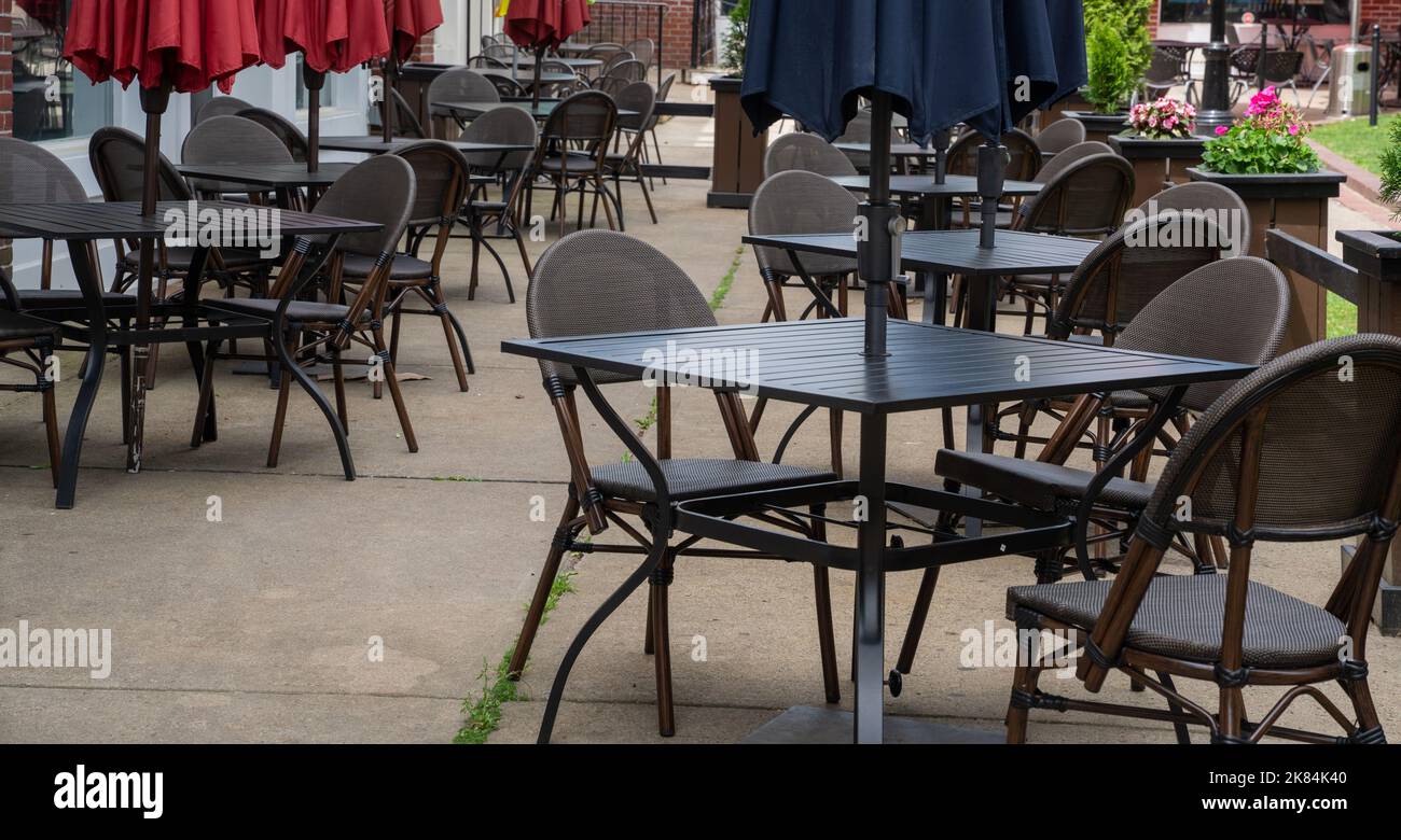 Salem, MA USA June 12, 2022 chairs and outdoor dining in a public
