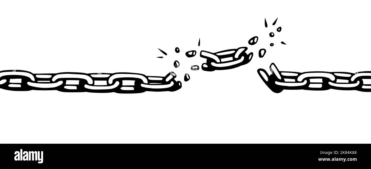 Broken chain with shatters as symbol of strength and freedom. Sketch of
