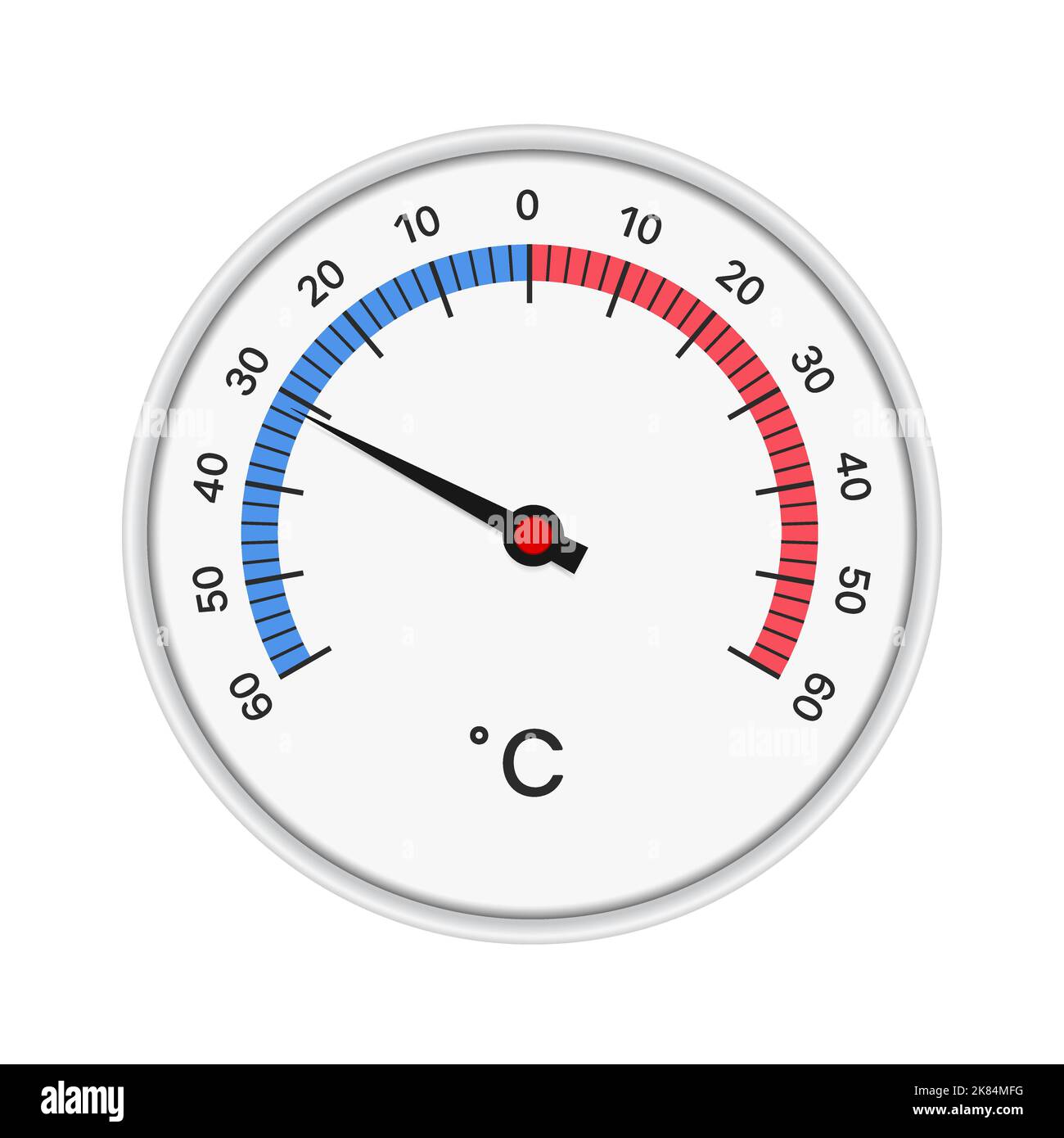 Realistic illustration of a round thermometer with a white plastic circular frame. Arrow for measuring temperature and scale of red and blue colors - Stock Vector