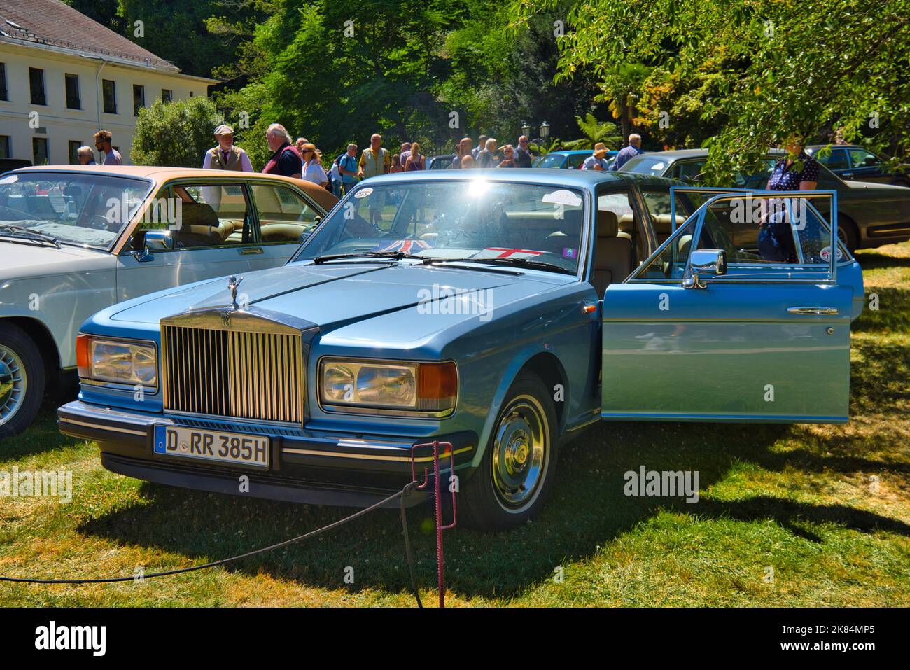 BADEN BADEN, GERMANY - JULY 2022: blue Rolls-Royce Silver Spirit 1980, oldtimer meeting in Kurpark. Stock Photo