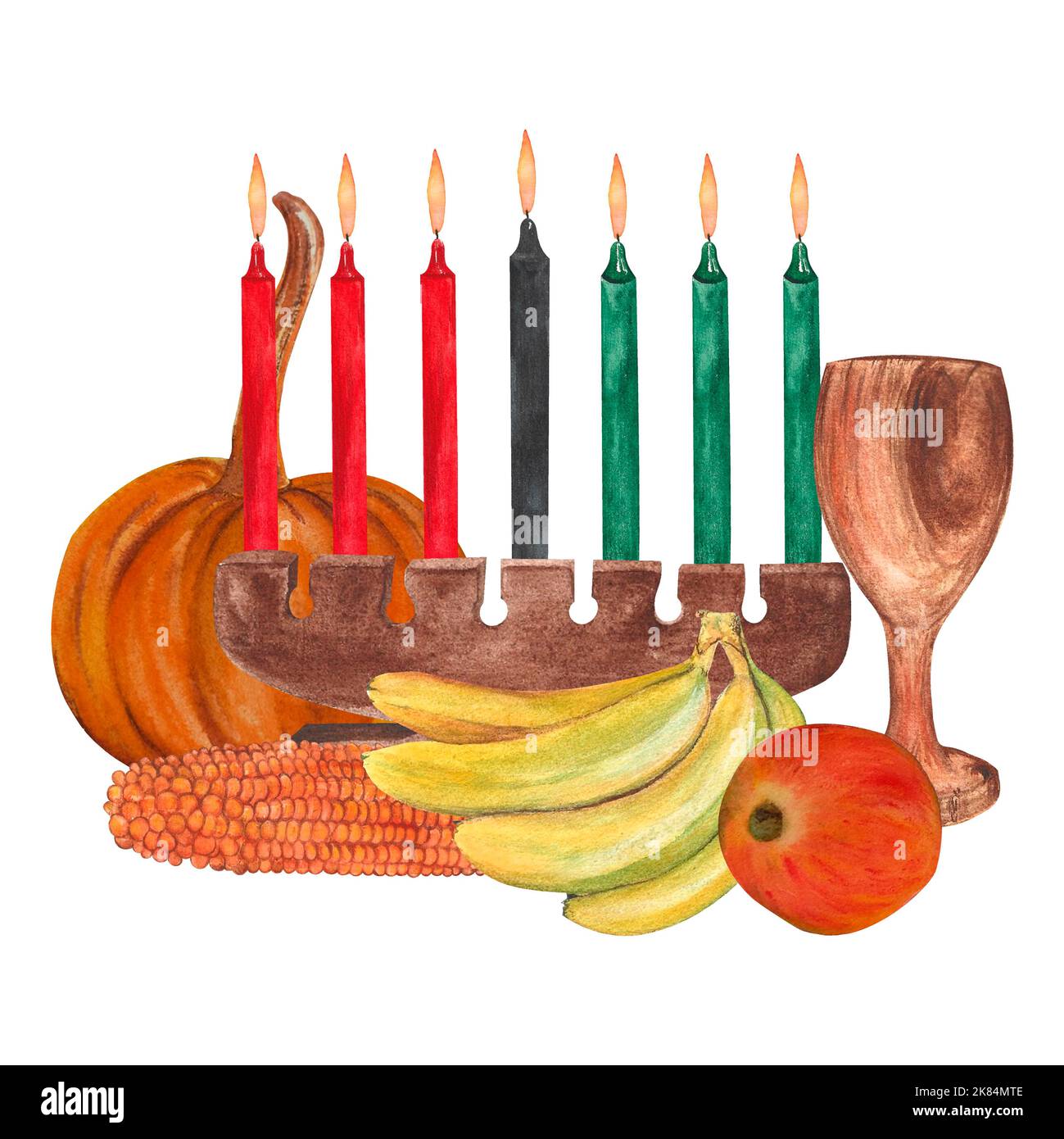 kinara wooden goblet orange corn pumpkin apple bananas watercolor on