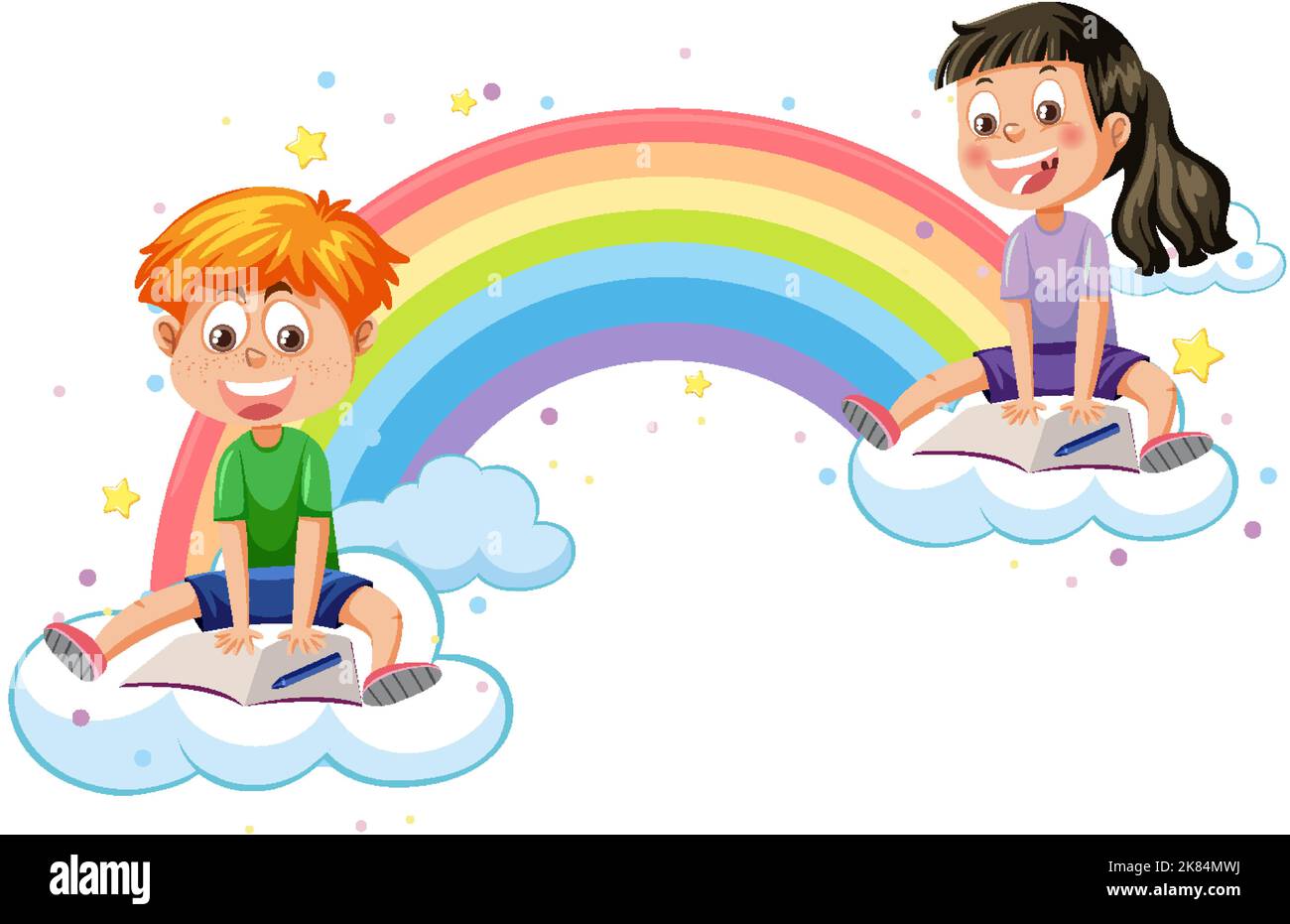 Happy kids on rainbow illustration Stock Vector Image & Art - Alamy
