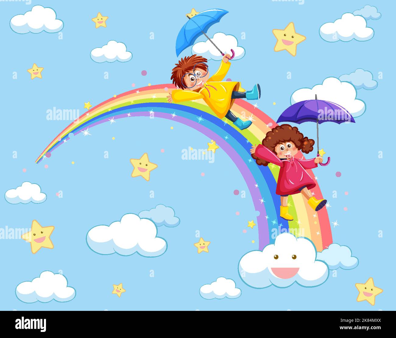Happy kids in in the sky with rainbow illustration Stock Vector Image ...