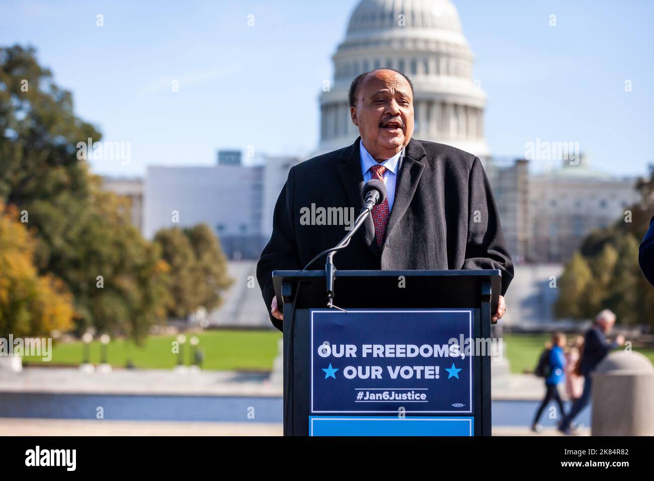 Washington DC, USA. 20th Oct, 2022. Martin Luther King III speaks at a rally calling for protection and respect for voters, voting, and election workers.  The event was one of more than 75 nationwide hosted by Public Citizen Democracy Campaign to demand free and fair elections and justice for the violent January 6, 2021, attack on democracy.  Trump’s efforts to overturn the results of the 2020 election have undermined faith in election integrity among millions of Americans, posing a serious threat to democracy in the United States. Credit: SOPA Images Limited/Alamy Live News Stock Photo
