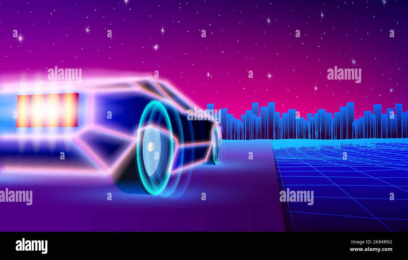 Neon car in 80s synthwave style racing to the city. Retrowave auto