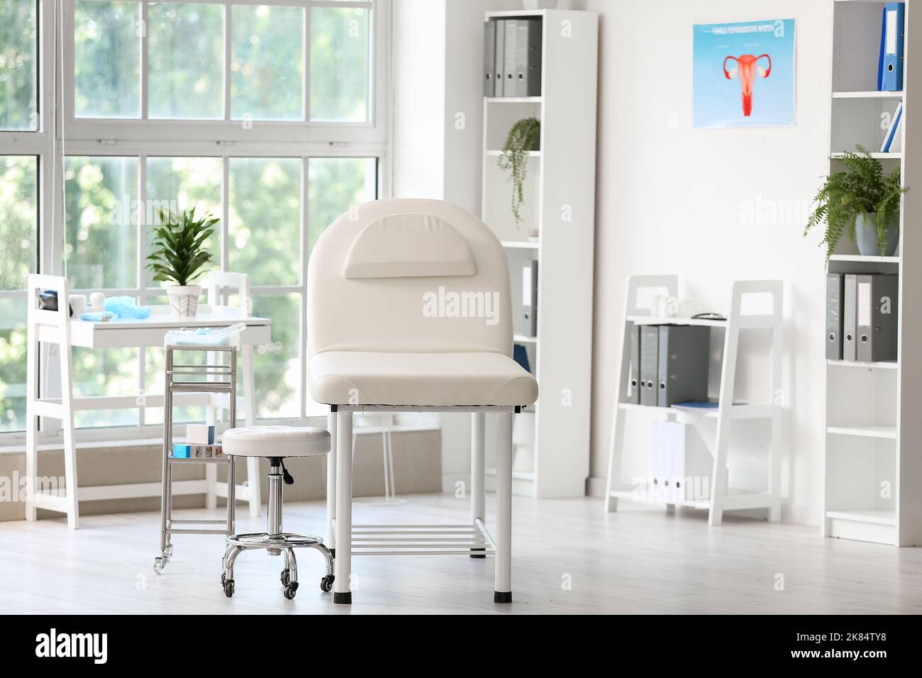 Interior of modern gynecologist office with couch and table with ...
