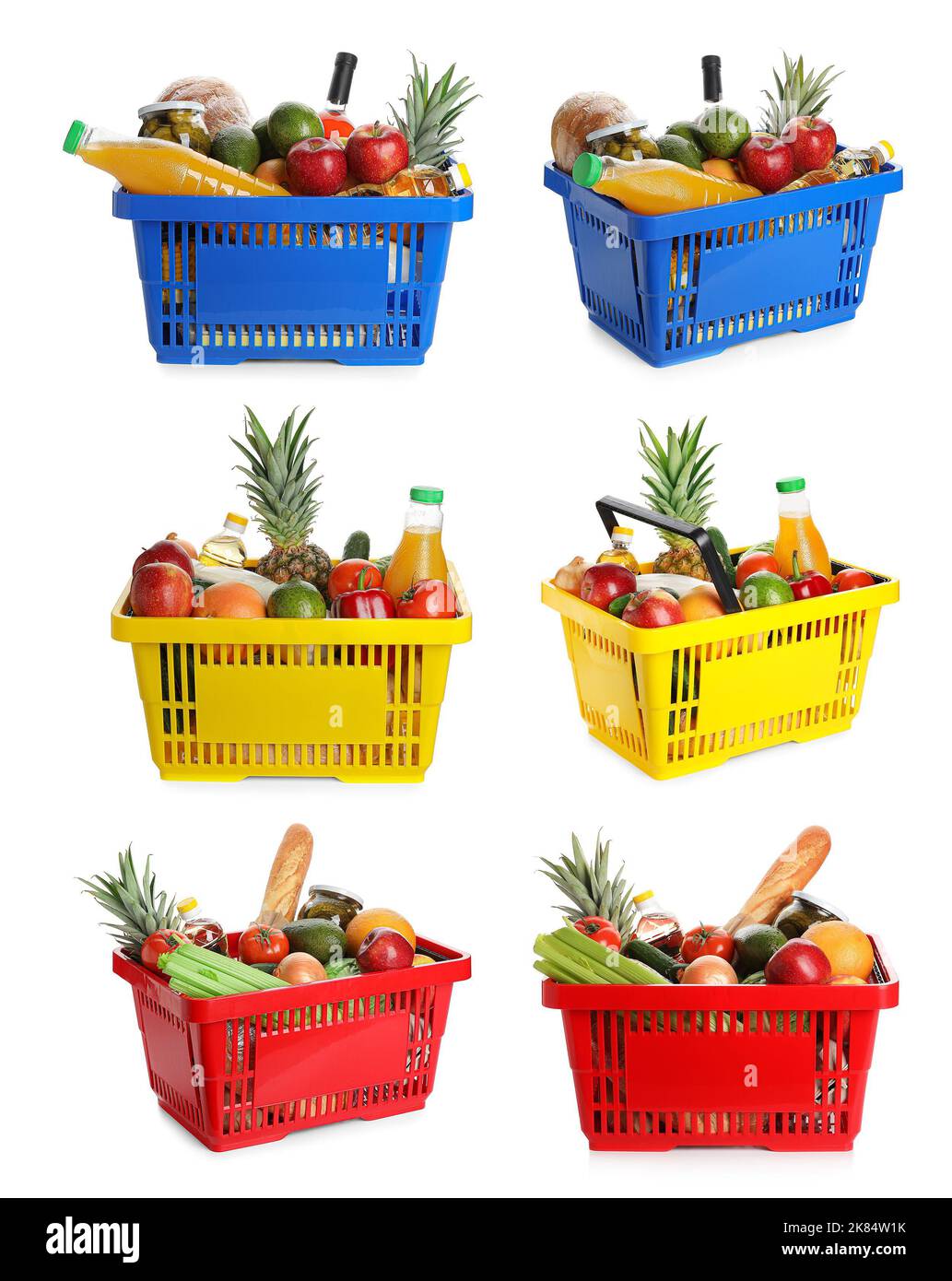 Set of shopping baskets with food on white background Stock Photo Alamy
