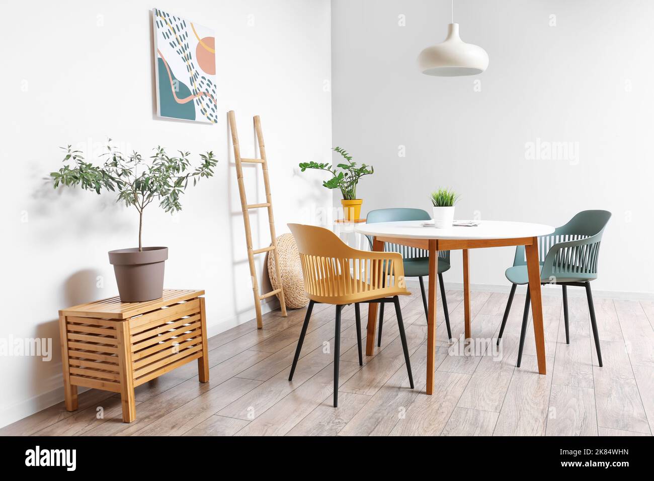 Stylish interior of dining room with modern furniture and houseplants ...