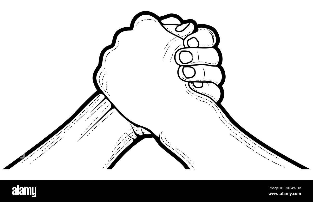 Arm wrestling contest, two hands symbol of brotherhood, strength and competition, vector Stock Vector
