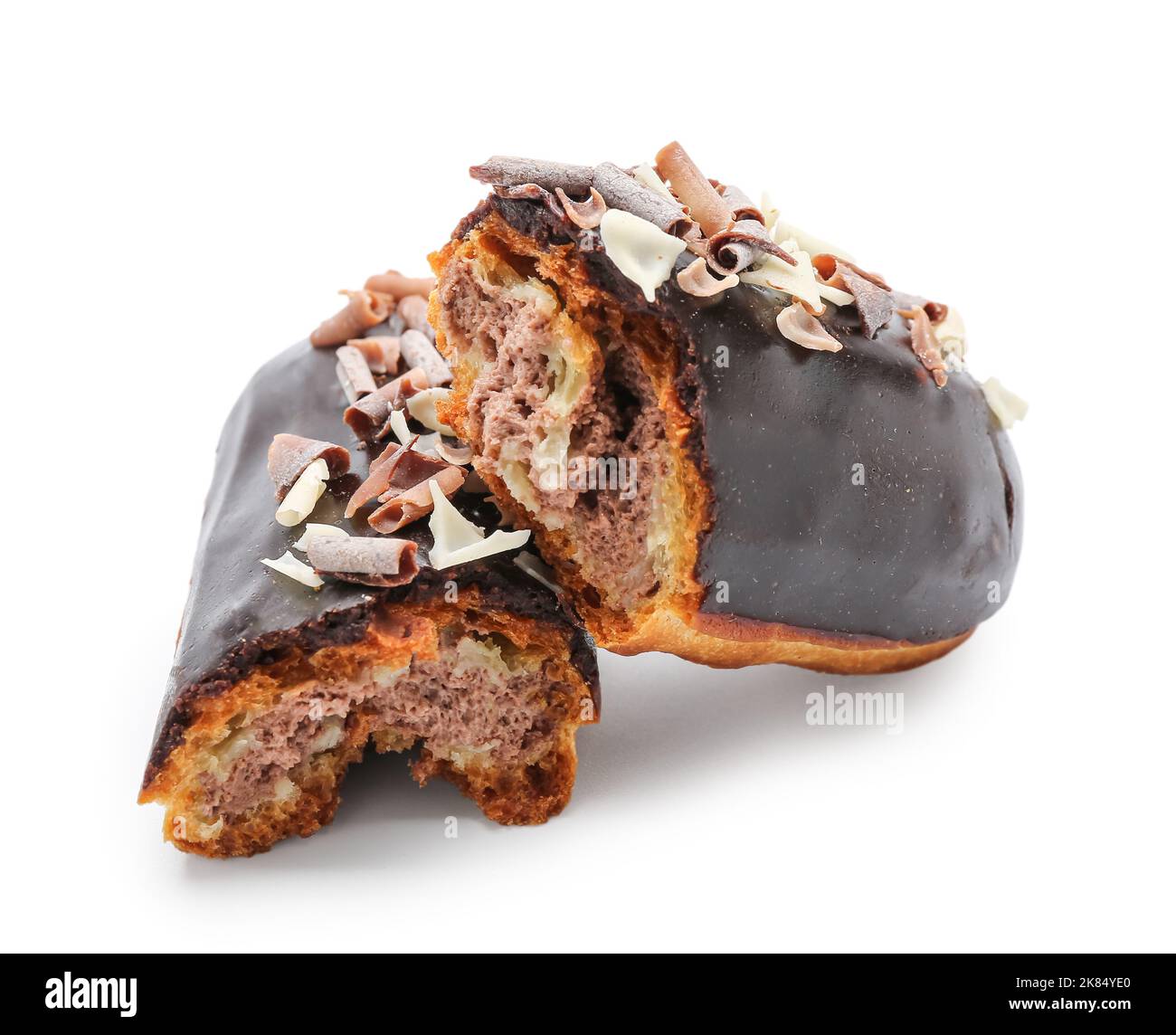 Smashed Eclair Broken chocolate eclair on white background Stock Photo - Alamy