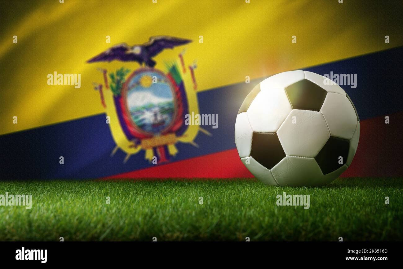 Ecuador national team composition with classic ball on grass and flag in the background. Front view. Stock Photo