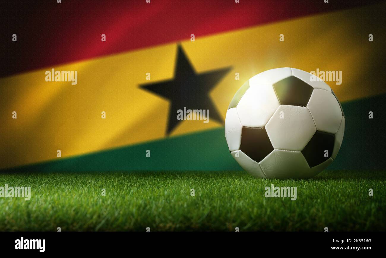 Ghana national team composition with classic ball on grass and flag in