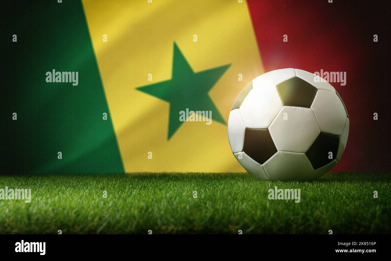 Senegal national team composition with classic ball on grass and flag in the background. Front view. Stock Photo