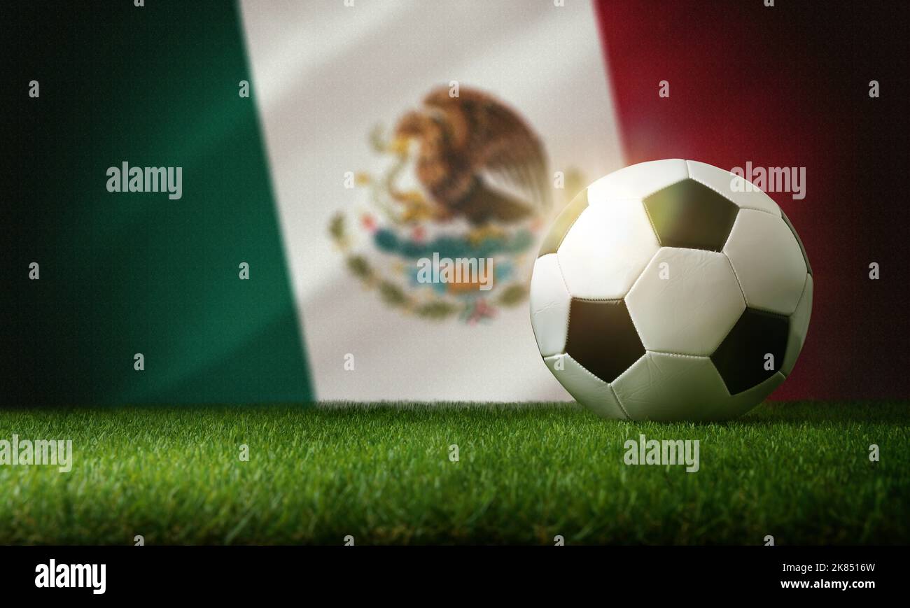 Mexico national team composition with classic ball on grass and flag in the background. Front view. Stock Photo