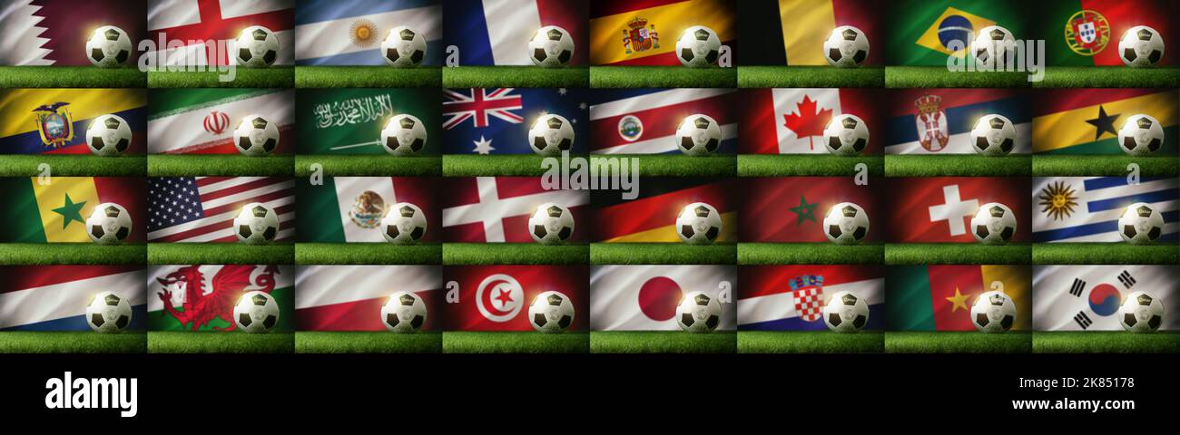 Collection of backgrounds of teams qualified for the soccer world cup qatar 2022. Stock Photo