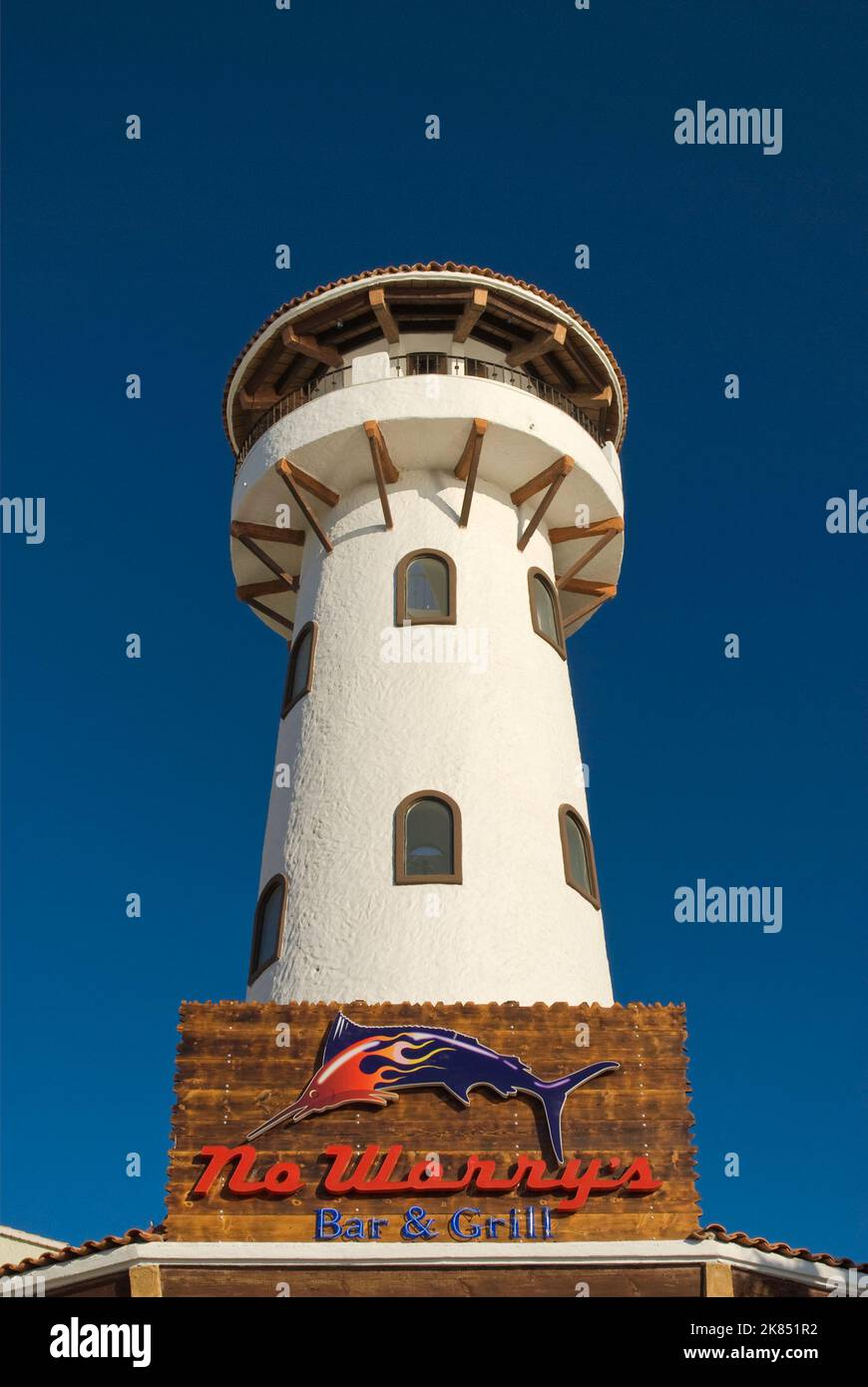 Lighthouse style tower at marina restaurant in Cabo San Lucas, Baja California Sur, Mexico Stock Photo