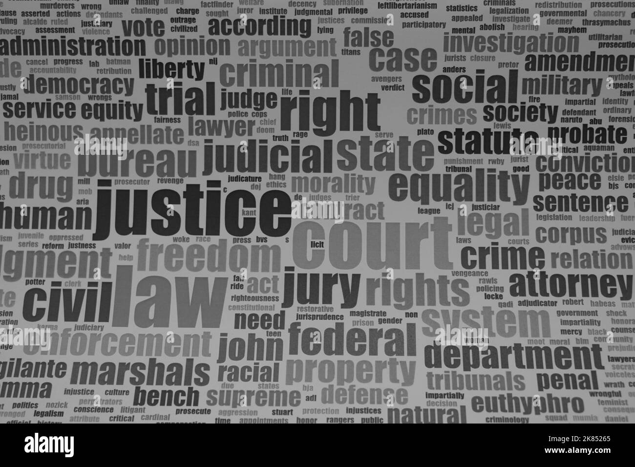 Justice word cloud concept. Justice word cloud. Made with the text only. black white writings Stock Photo